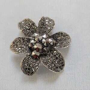 Vintage Silver Marcasite Flower Brooch Pin With Rhinestones